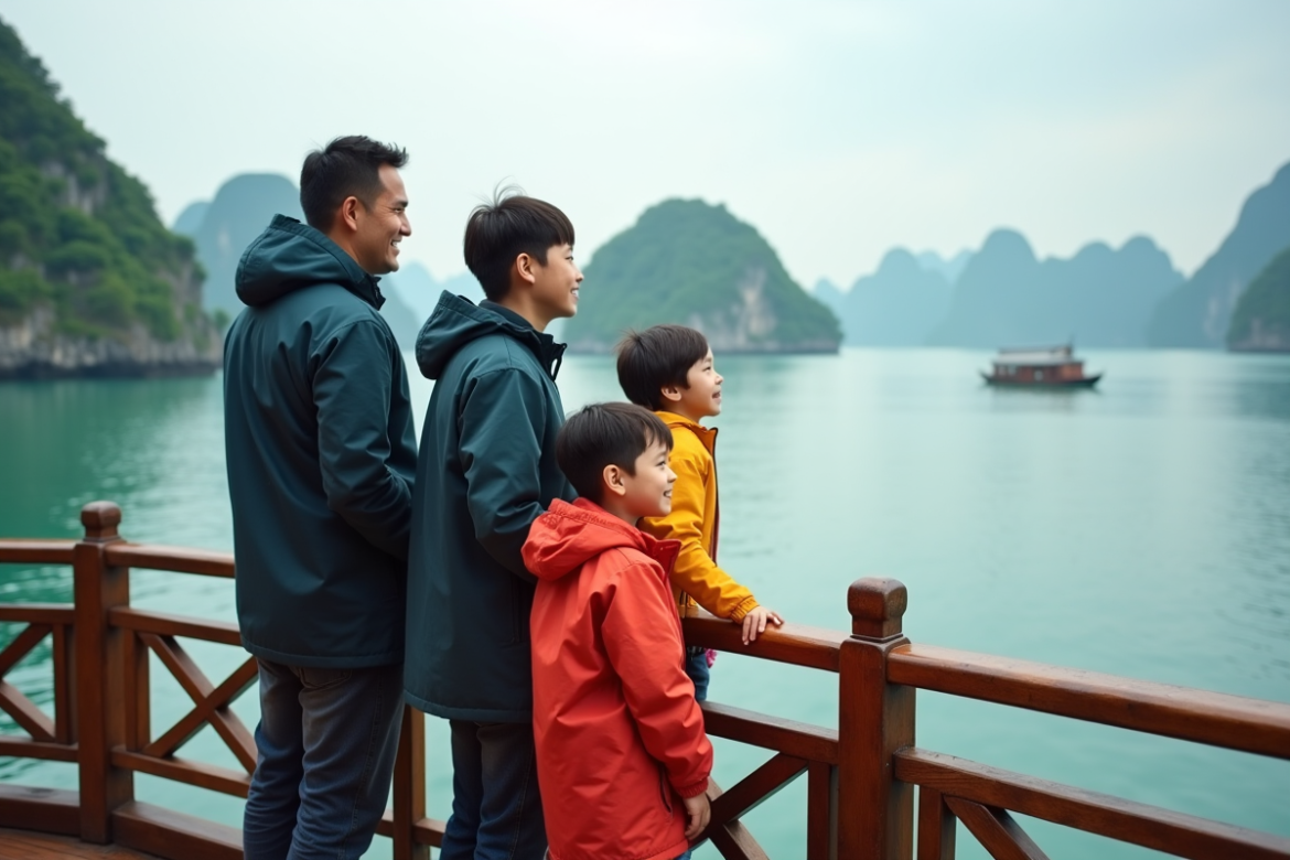 Famille de quatre sur un bateau en Ha Long Bay