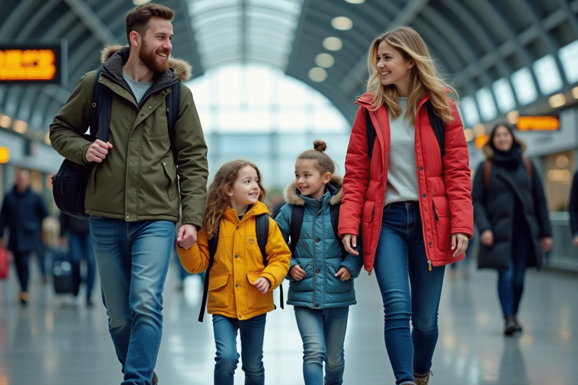 Famille souriante dans une gare européenne moderne