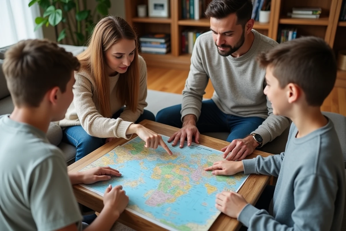 Famille planifiant ensemble les vacances scolaires autour d'une carte et de brochures de voyage dans le salon