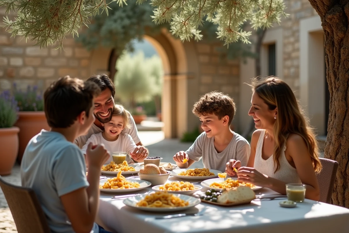 Famille en repas traditionnel dans la cour d'une masseria des Pouilles avec spécialités locales