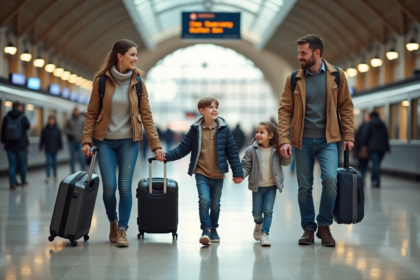Famille avec enfants dans une gare européenne animée