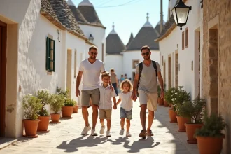 Famille avec enfants explorant les ruelles des trulli d'Alberobello dans les Pouilles en été
