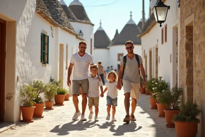 Famille avec enfants explorant les ruelles des trulli d'Alberobello dans les Pouilles en été