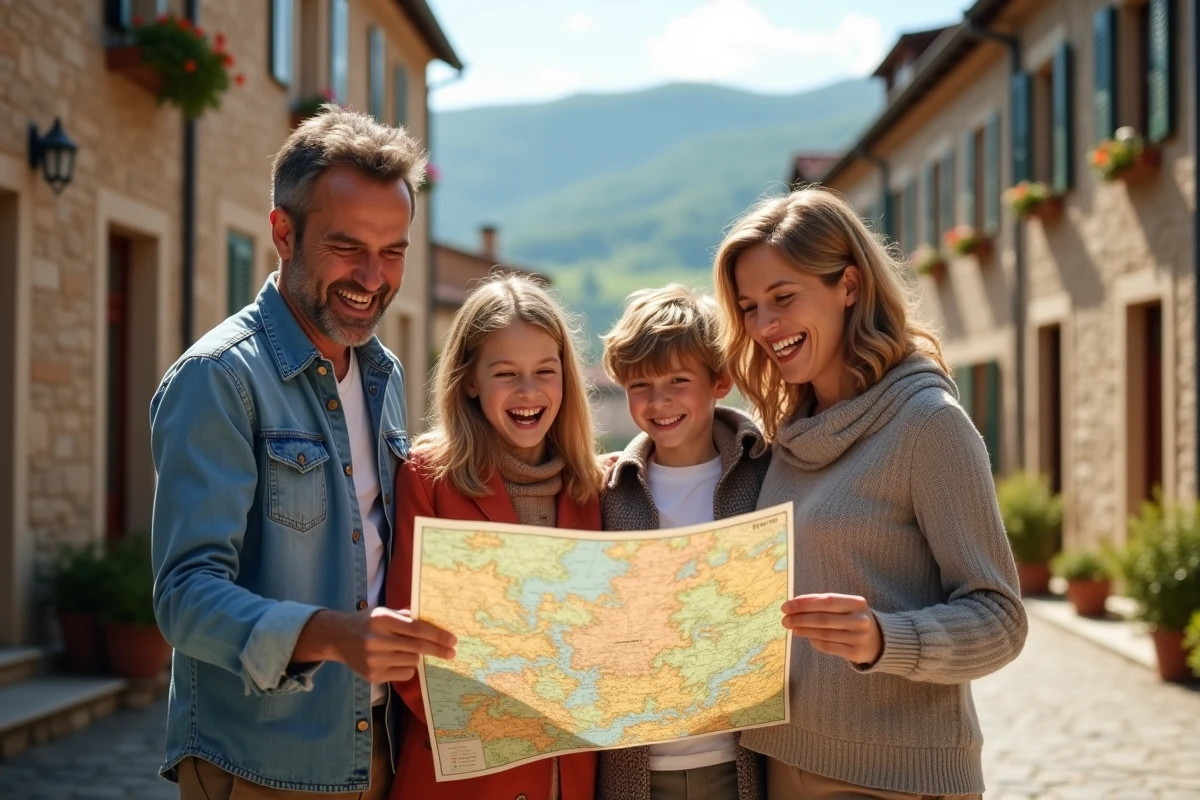 Famille multigenerations souriante en vacances à la campagne