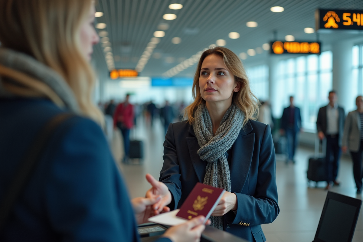 Femme à l'aéroport vérifiant son passeport avec un regard réfléchi