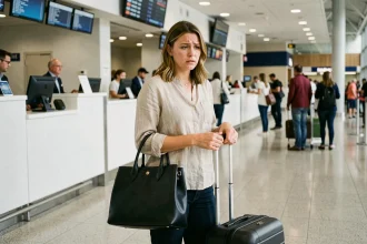 Femme à l'aéroport tenant un sac à main trop grand refusé comme bagage cabine EasyJet au comptoir d'enregistrement