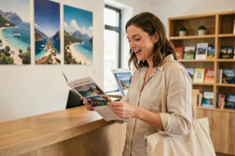 Femme consultant des brochures de voyage en agence Leclerc Voyages pour profiter des promotions du mardi