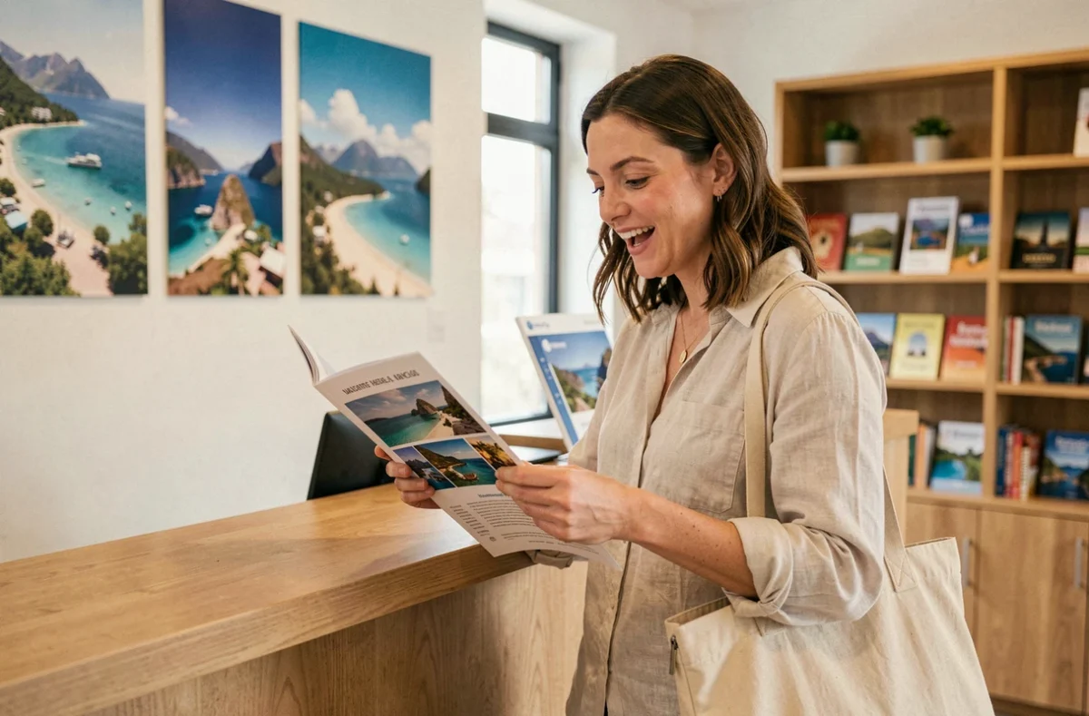 Femme consultant des brochures de voyage en agence Leclerc Voyages pour profiter des promotions du mardi