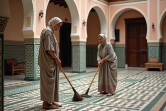 Femme âgée en caftan marocain dans une cour ornée de zelliges