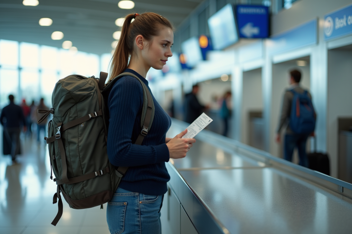 Jeune femme vérifiant son sac à dos à l'aéroport