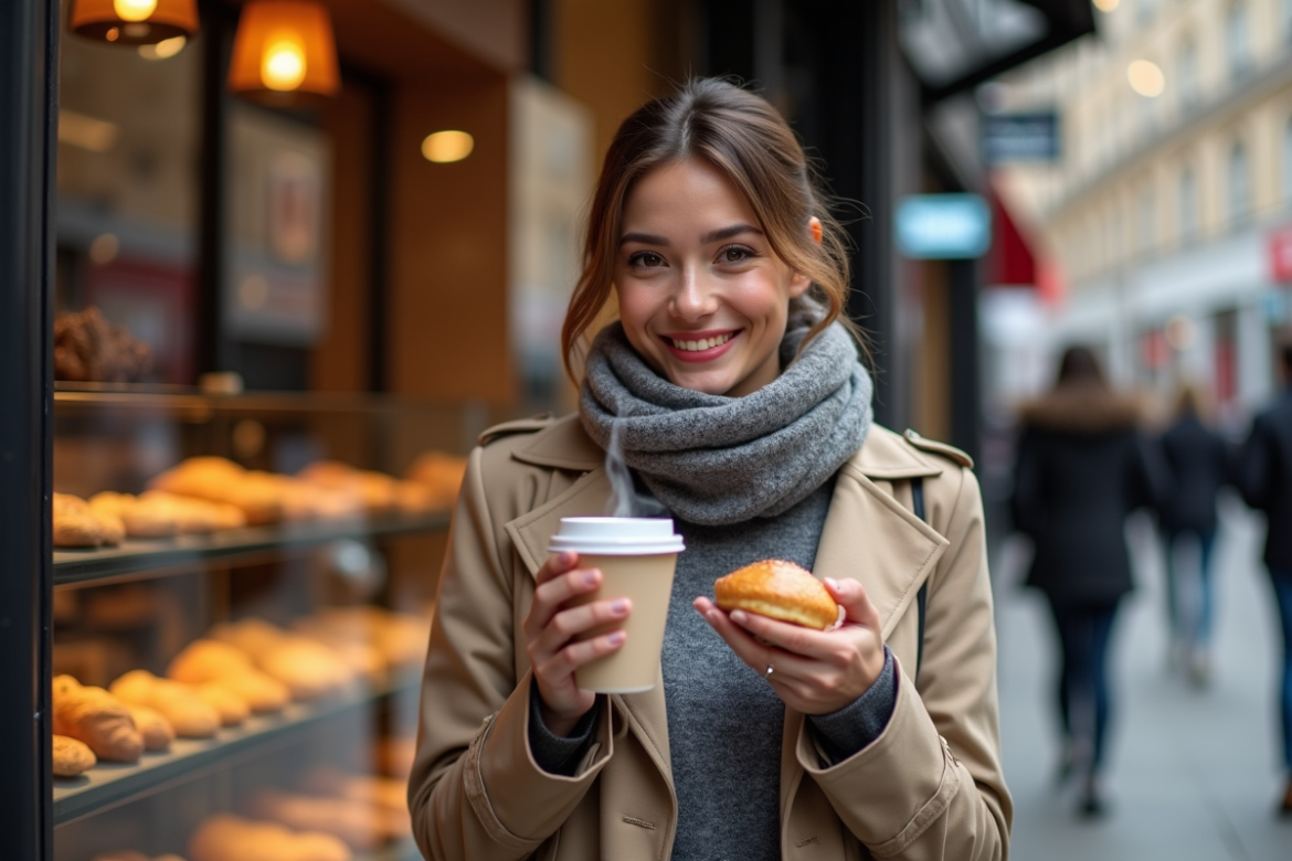 Femme souriante avec café et viennoiserie devant une boulangerie londonienne