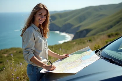 Jeune femme souriante avec carte sur voiture en bord de côte basque