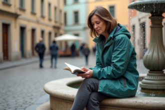 Femme assise dans une place européenne ancienne et paisible