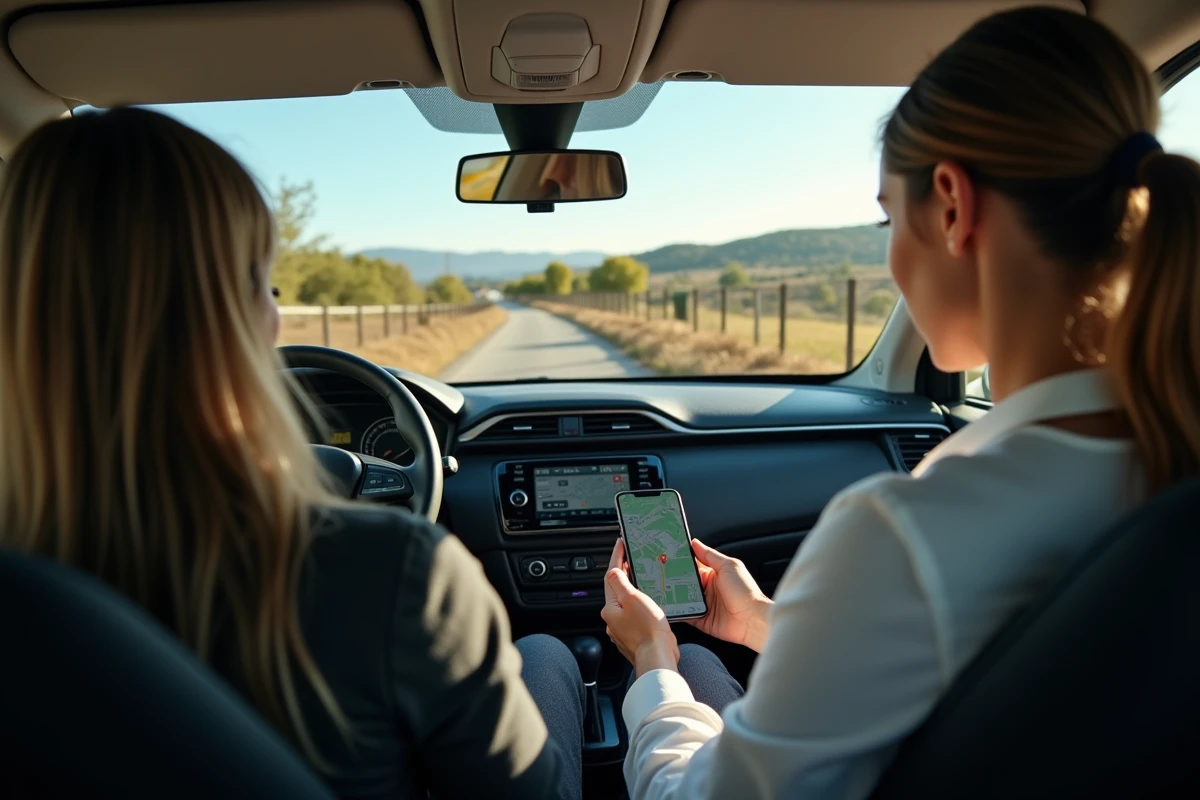 Jeune femme vérifiant GPS dans une voiture en campagne espagnole