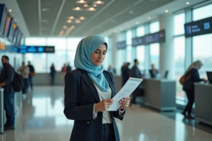 Femme en hijab bleu vérifiant son assurance voyage à l'aéroport