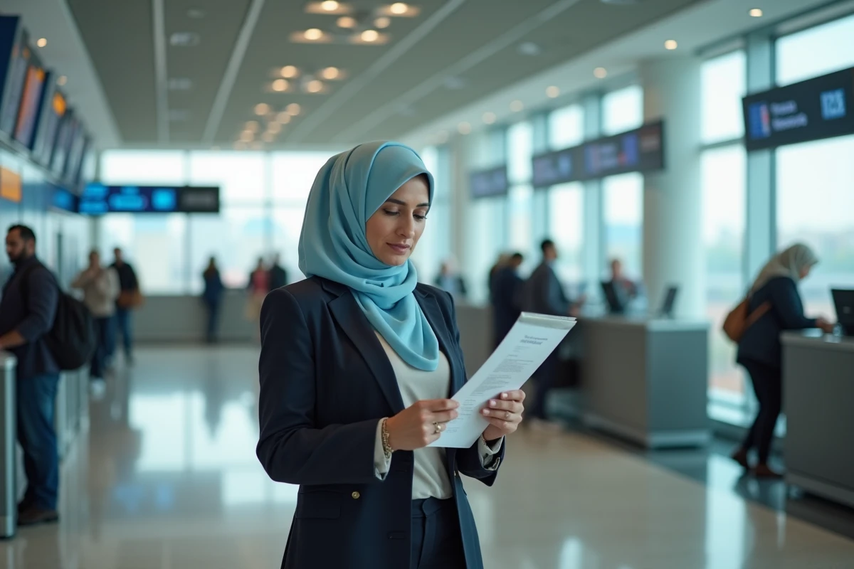 Femme en hijab bleu vérifiant son assurance voyage à l'aéroport