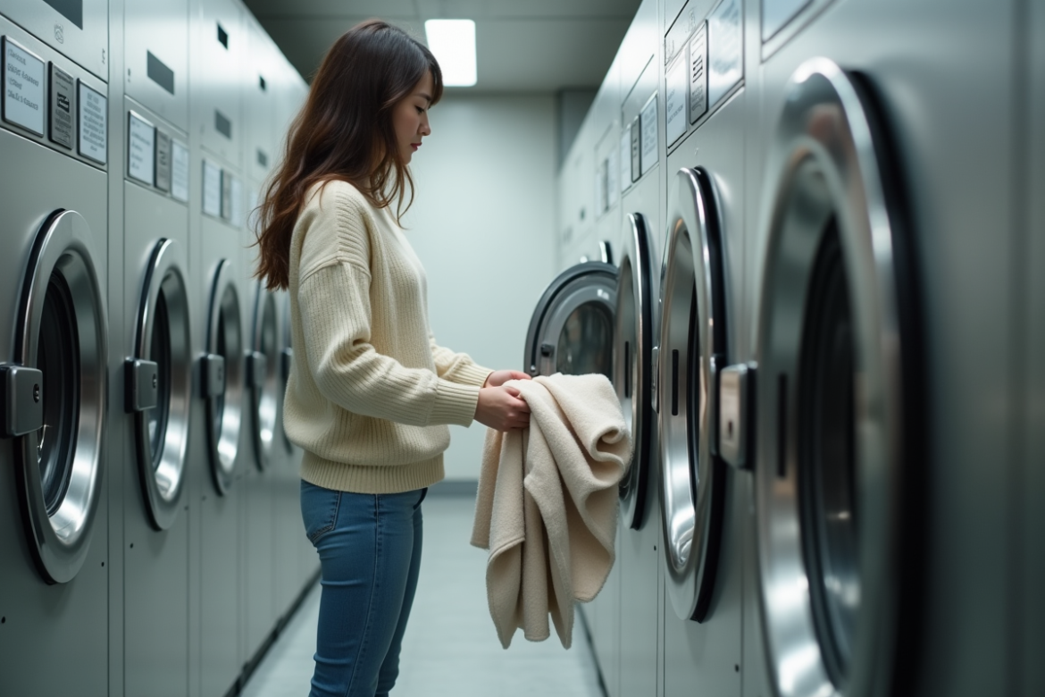 Jeune femme chargeant une machine à laver dans un hôtel capsule