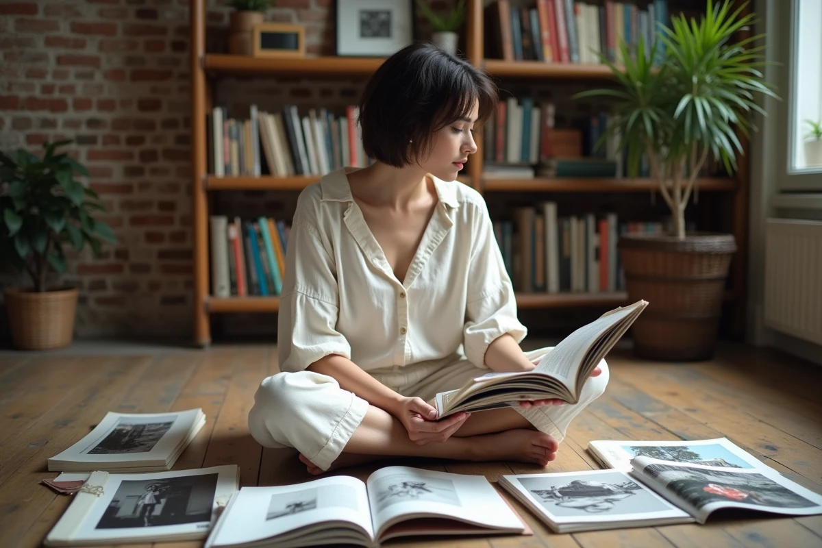 Femme lisant un magazine culturel entourée de livres et de revues dans un appartement parisien au style éditorial