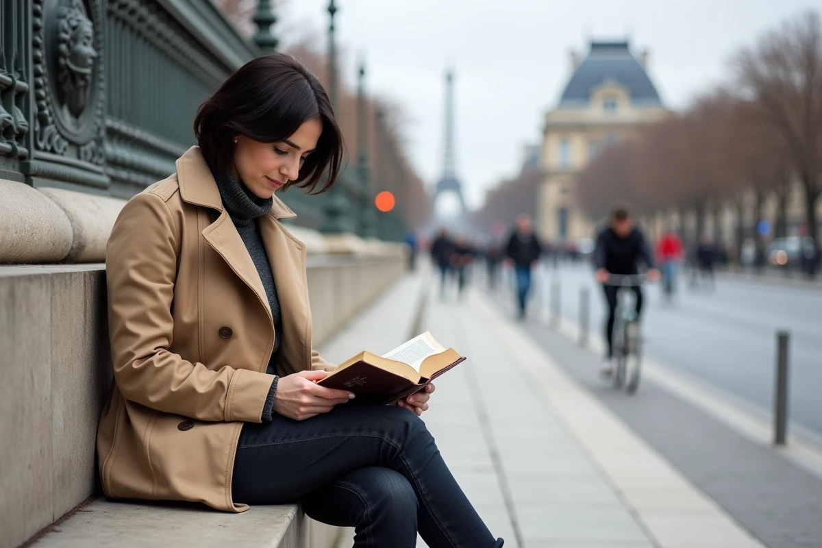 Femme lisant un livre assise sur les marches du monument de la Place de la République à Paris