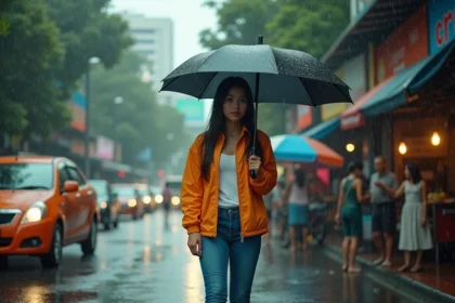 Jeune femme philippine avec parapluie dans la rue de Manille
