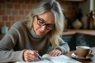 Femme résolvant des mots croisés avec un stylo sur une table en bois dans une cuisine rustique française