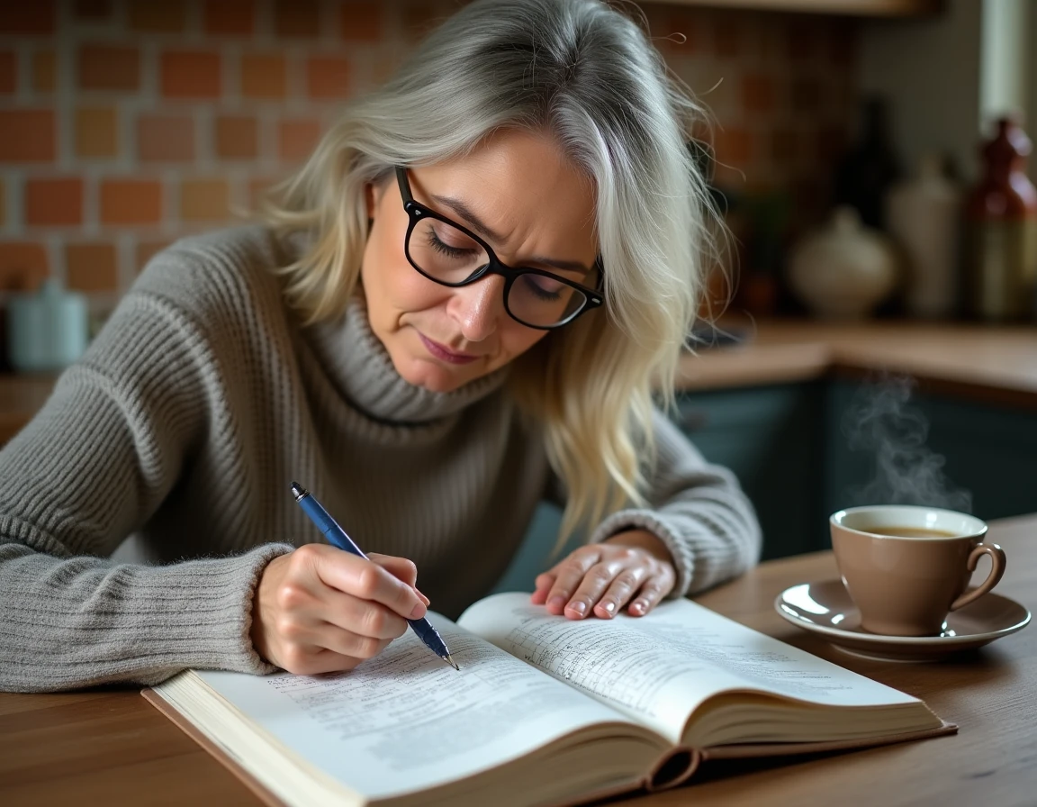 Femme résolvant des mots croisés avec un stylo sur une table en bois dans une cuisine rustique française