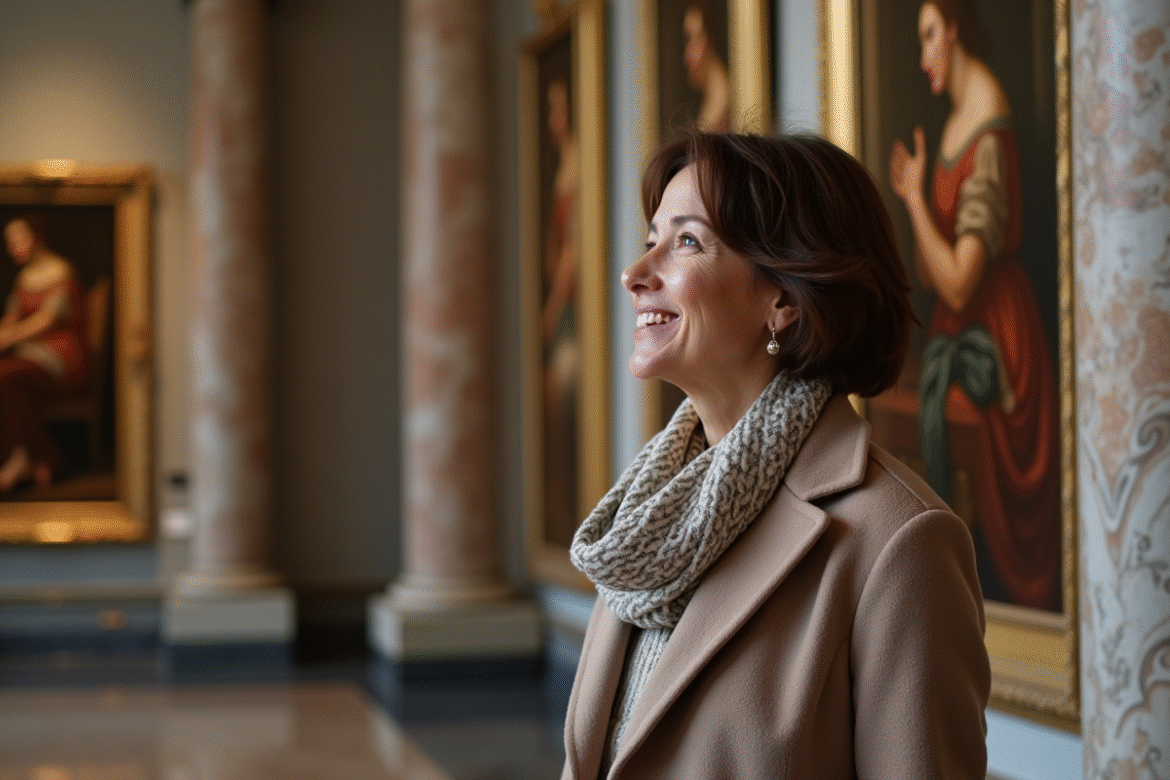 Femme souriante examine une peinture de la renaissance dans un musée