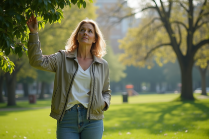 Femme en jean dans un parc vert en ville