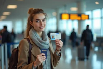 Jeune femme méditerranéenne avec passeport à l'aéroport