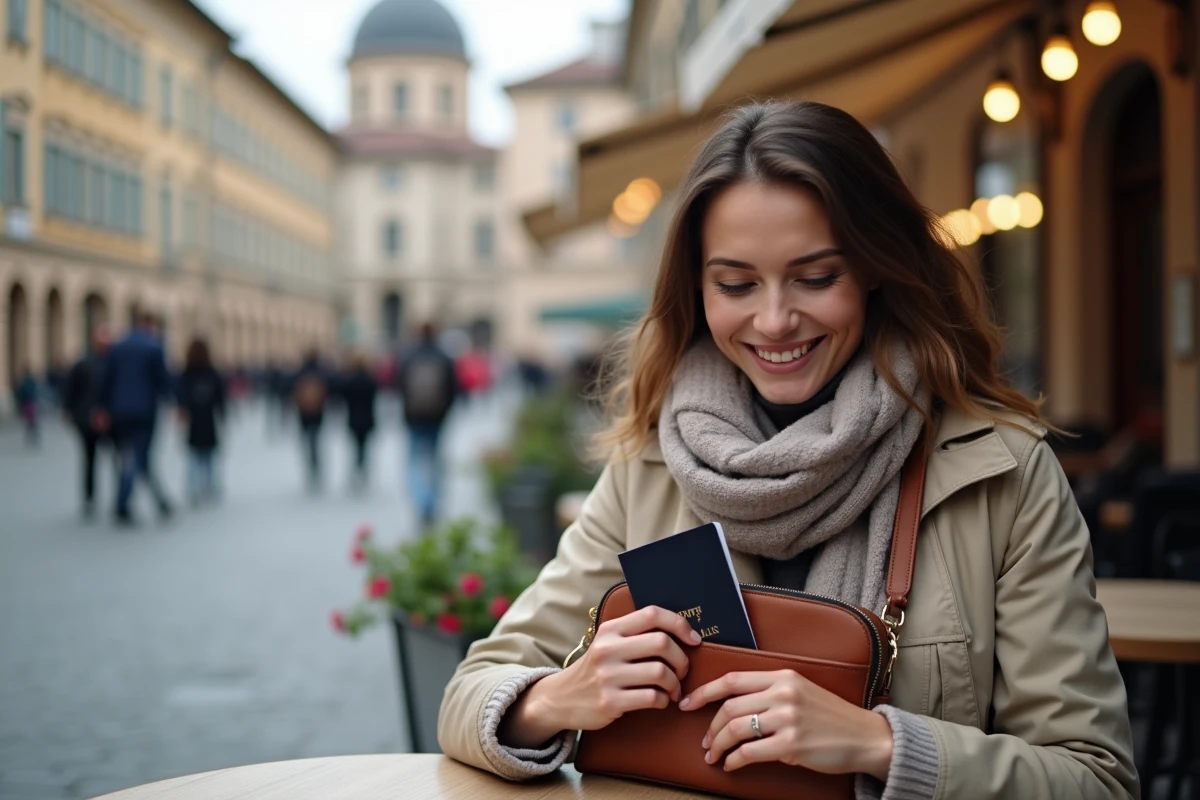 Femme avec passeport dans un café en ville