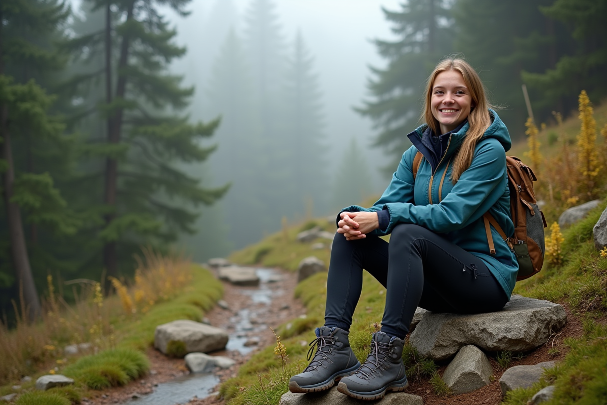 Jeune femme en pause sur sentier forestier en montagne