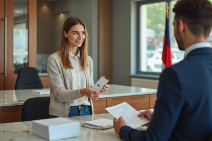 Femme confiante remettant son permis dans un bureau officiel