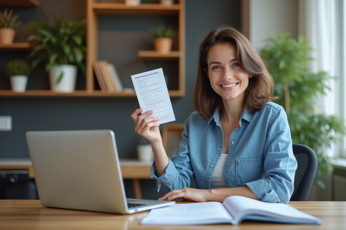 Femme souriante tenant son permis de conduire international à la maison