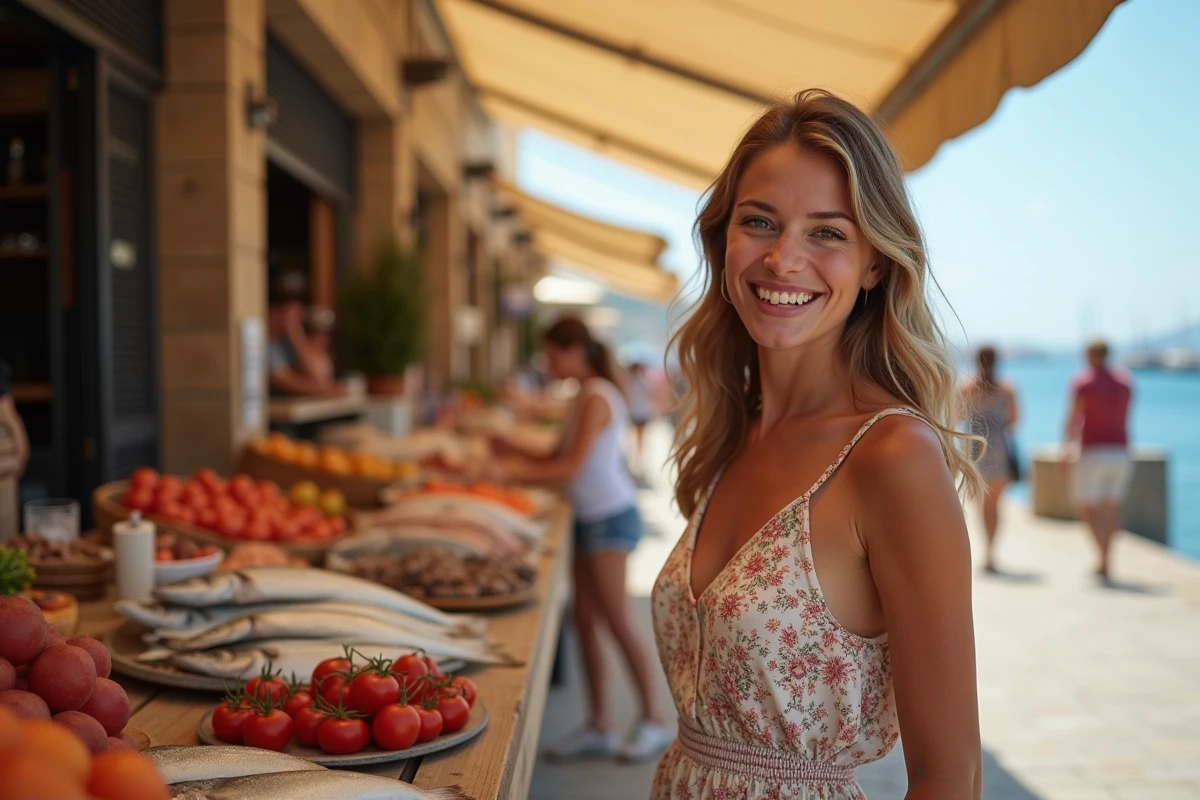 Jeune femme photographiant un marché de fruits de mer à Marsaxlokk