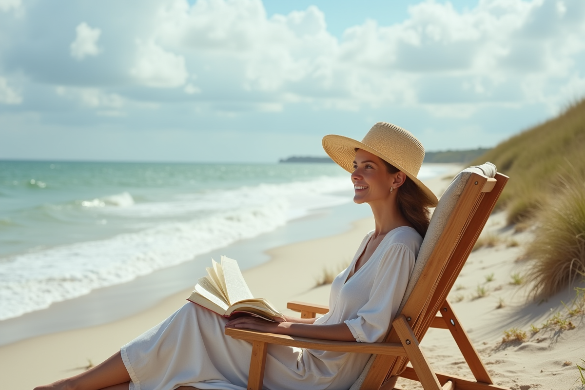 Femme détendue sur la plage en robe légère et chapeau