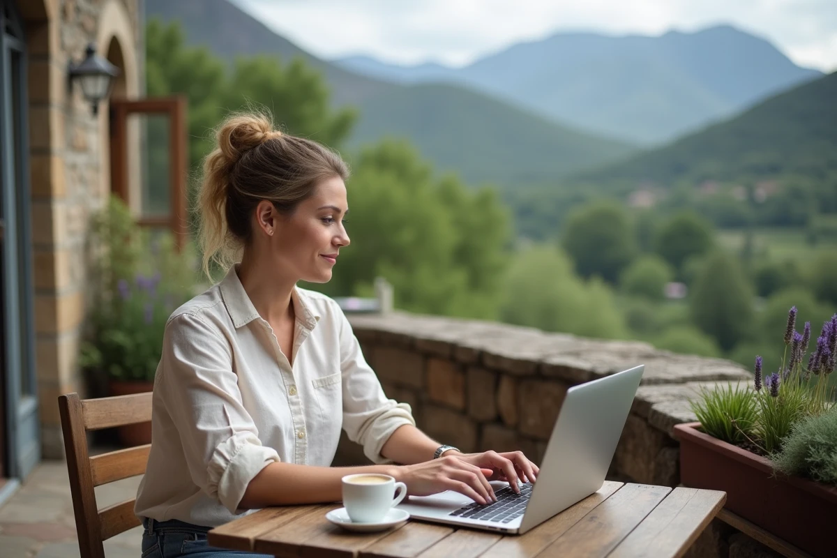 Femme consultant la plateforme Entauvergne.fr sur un ordinateur portable en terrasse avec vue sur le paysage volcanique auvergnat