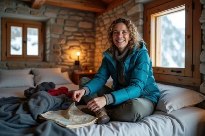 Femme souriante préparant sa valise dans une chambre alpine