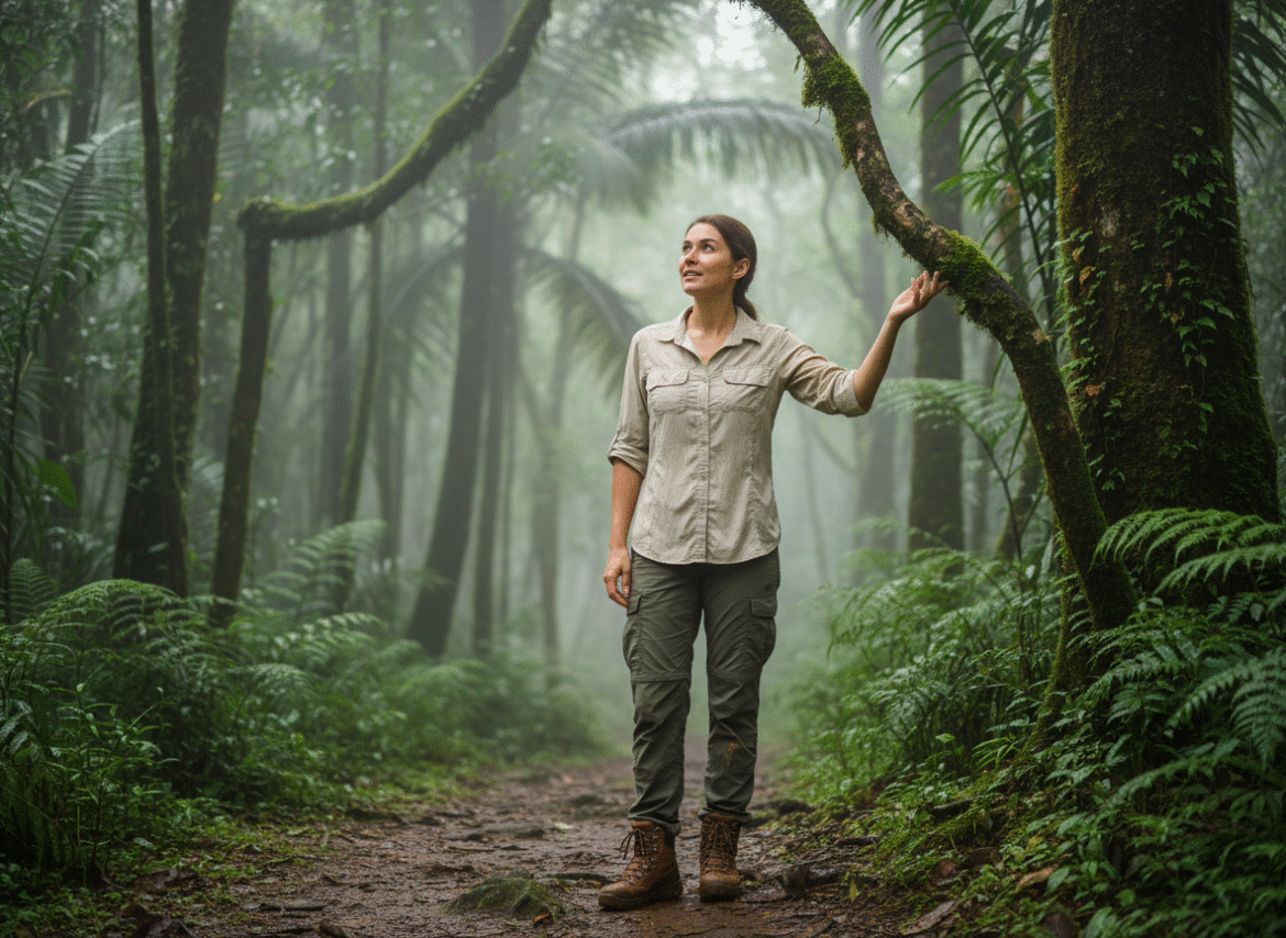 Jeune femme en randonnée dans une forêt tropicale