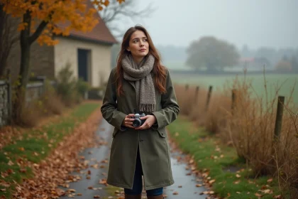 Femme avec appareil photo dans la campagne normande en automne
