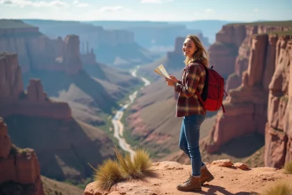 Femme souriante en randonnée avec vue panoramique