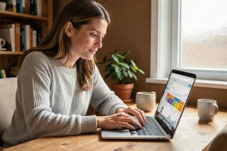 Femme cherchant un vol pas cher sur Google Flights depuis son bureau à domicile