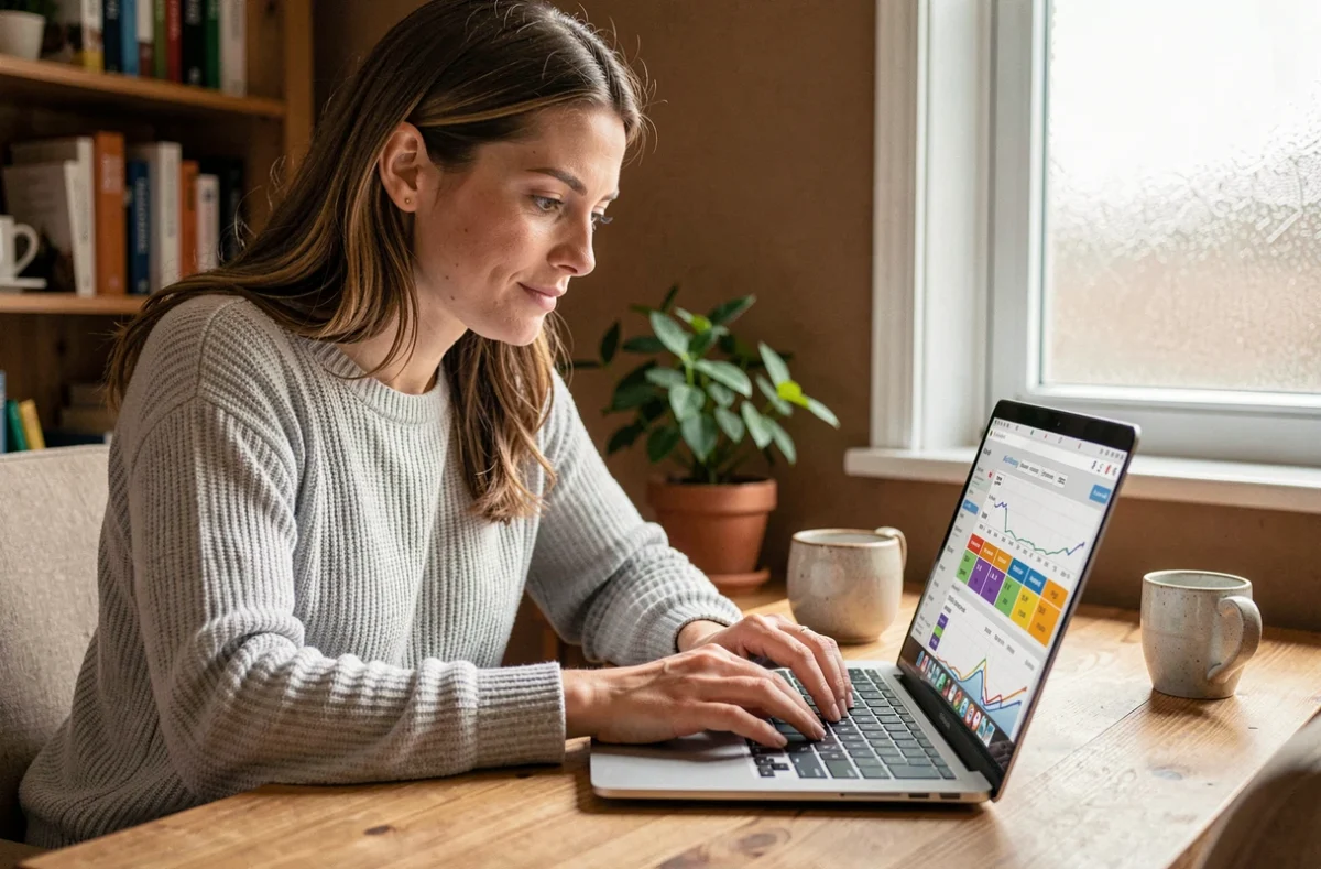 Femme cherchant un vol pas cher sur Google Flights depuis son bureau à domicile