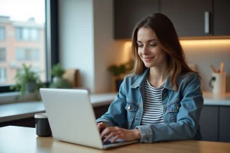 Jeune femme en maison consulte ses vols en ligne