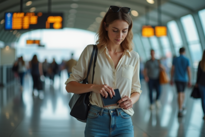 Femme range son passeport dans son sac en gare