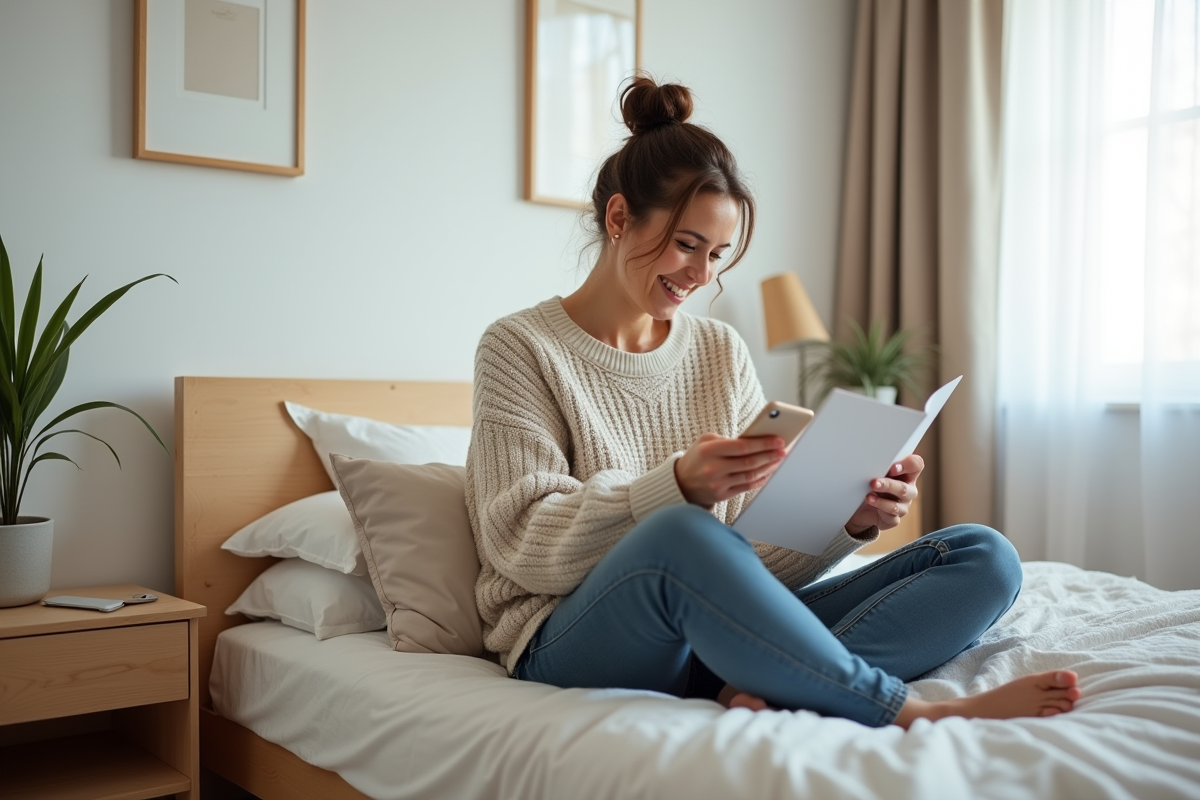 Femme assise dans une chambre moderne et chaleureuse
