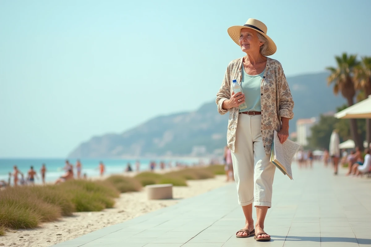 Femme senior se promenant sur un bord de mer ensoleillé avec un chapeau de paille et une bouteille d'eau, symbole de confort et de santé en vacances