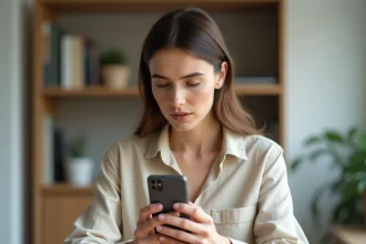 Femme tenant un smartphone affichant un numéro de téléphone italien commençant par +39