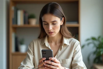 Femme tenant un smartphone affichant un numéro de téléphone italien commençant par +39