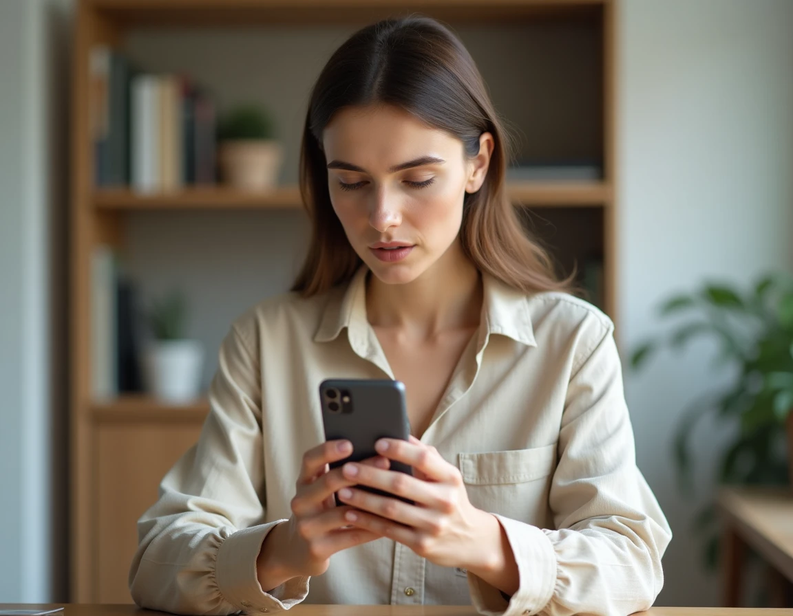 Femme tenant un smartphone affichant un numéro de téléphone italien commençant par +39