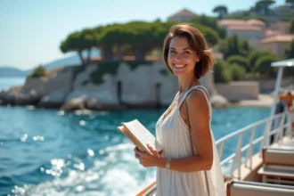 Femme souriante sur un bateau approchant Lokrum avec Dubrovnik en arrière-plan